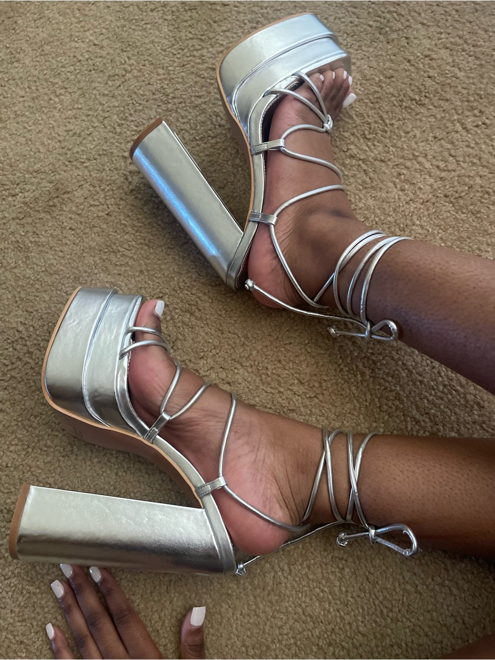 Silver Lace-Up Platform Block Heel Sandals for Women